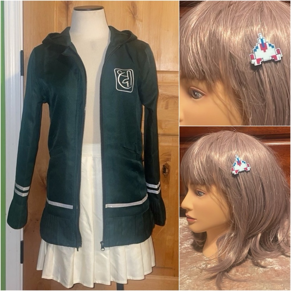 Chiaki Nanami Cosplay Anime Costume Jacket & Skirt EUC S w/ Pink Wig & Hair Clip